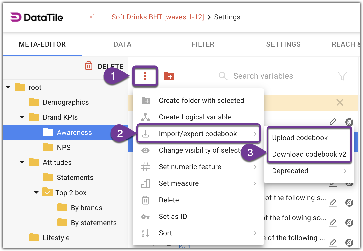 Import-export codebook menu is under Database Settings section